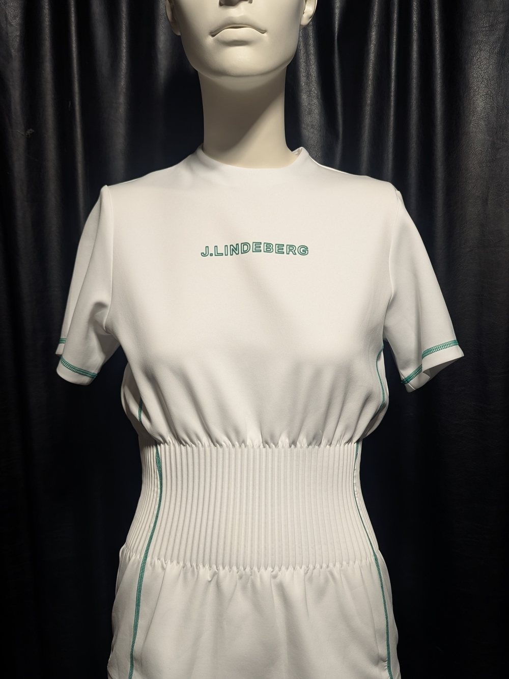 J.Lindeberg Kim Top Mock Neck Smocked Waist Corset Golf Tee White Green XS